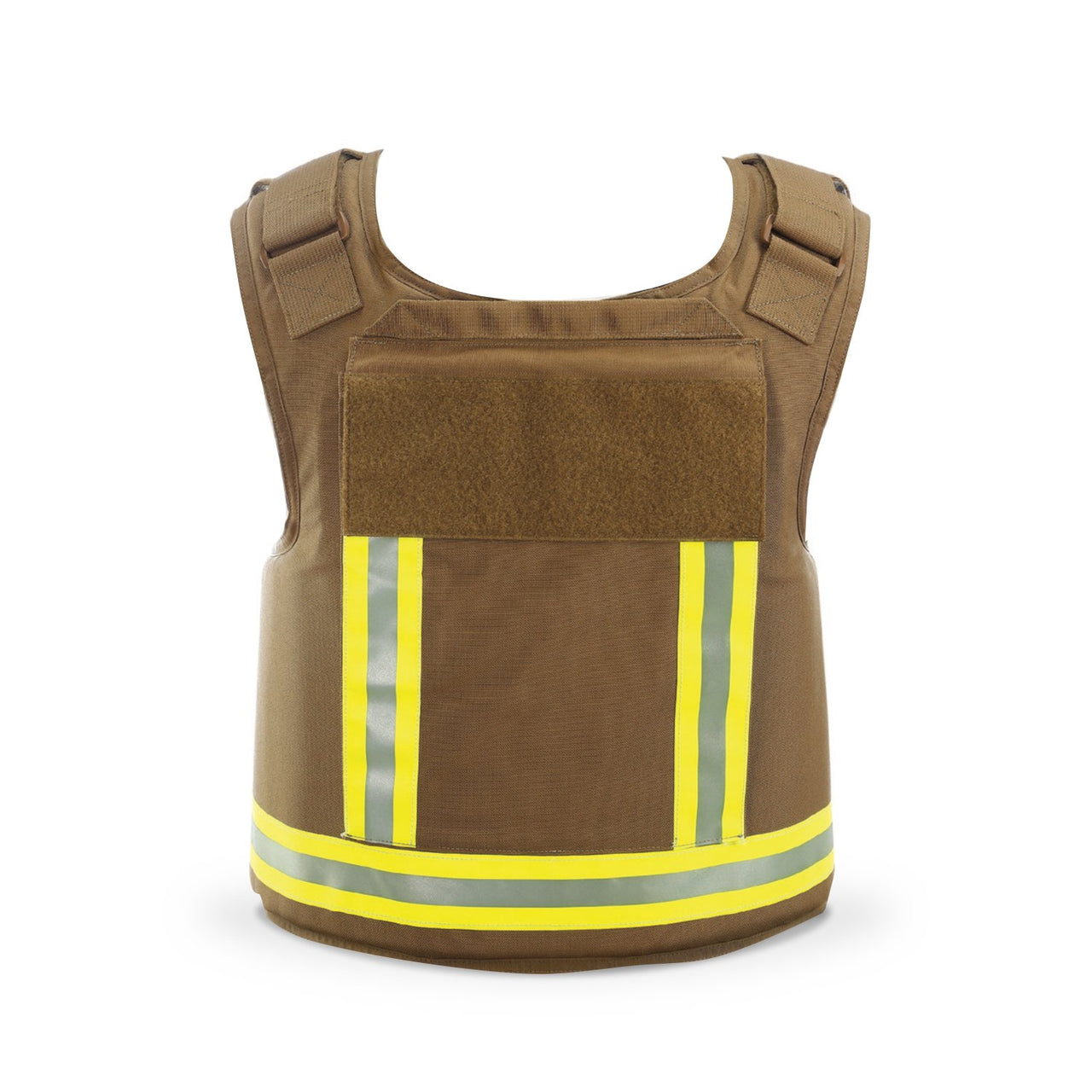A Body Armor Direct First Responder Tactical Multi-Threat Vest with reflective strips on it.