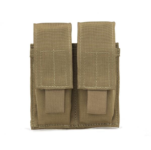 Elite Survival Systems MOLLE Double Pistol Mag Pouches in khaki, designed for tactical use with Velcro flaps, made of CORDURA® 500D nylon, isolated on a white background.