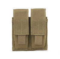Thumbnail for Elite Survival Systems MOLLE Double Pistol Mag Pouches in khaki, designed for tactical use with Velcro flaps, made of CORDURA® 500D nylon, isolated on a white background.