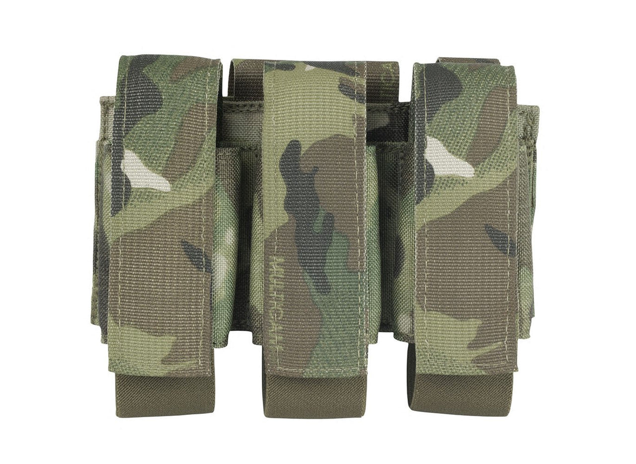 A trio of green and brown camouflage-patterned Elite Survival Systems Molle Grenade Pouches 40mm isolated on a white background.