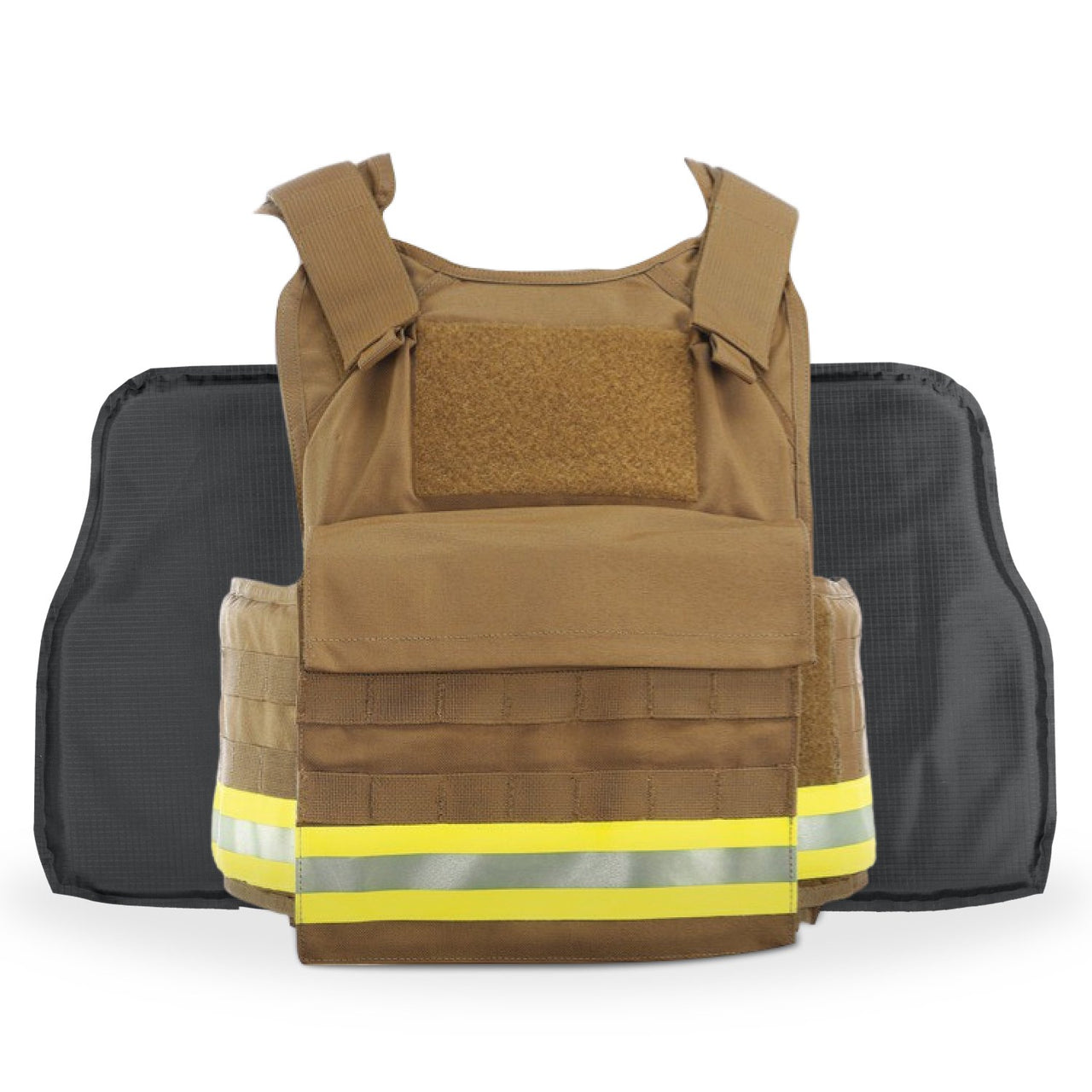 A Body Armor Direct Fire Plate Carrier Tactical Enhanced Multi-Threat Vest with a reflective stripe on it.