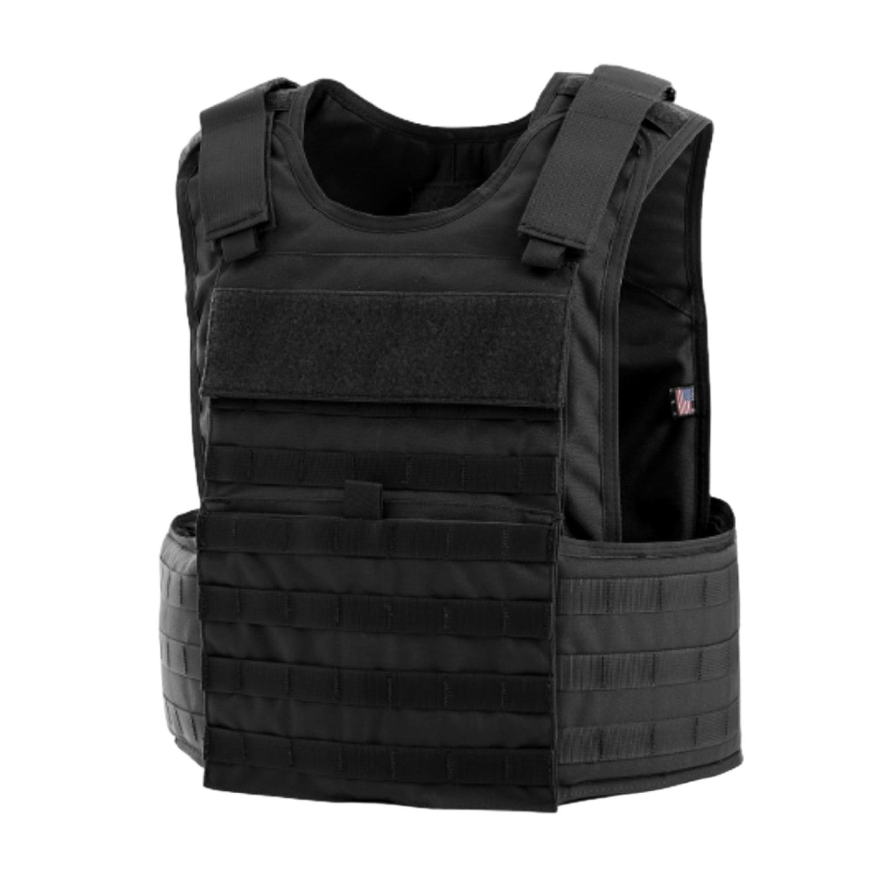 Black multi-threat body armor vest with Level IIIA ballistics, adjustable shoulder straps, and front velcro panel, isolated on a white background. (Brand Name: Body Armor Direct)