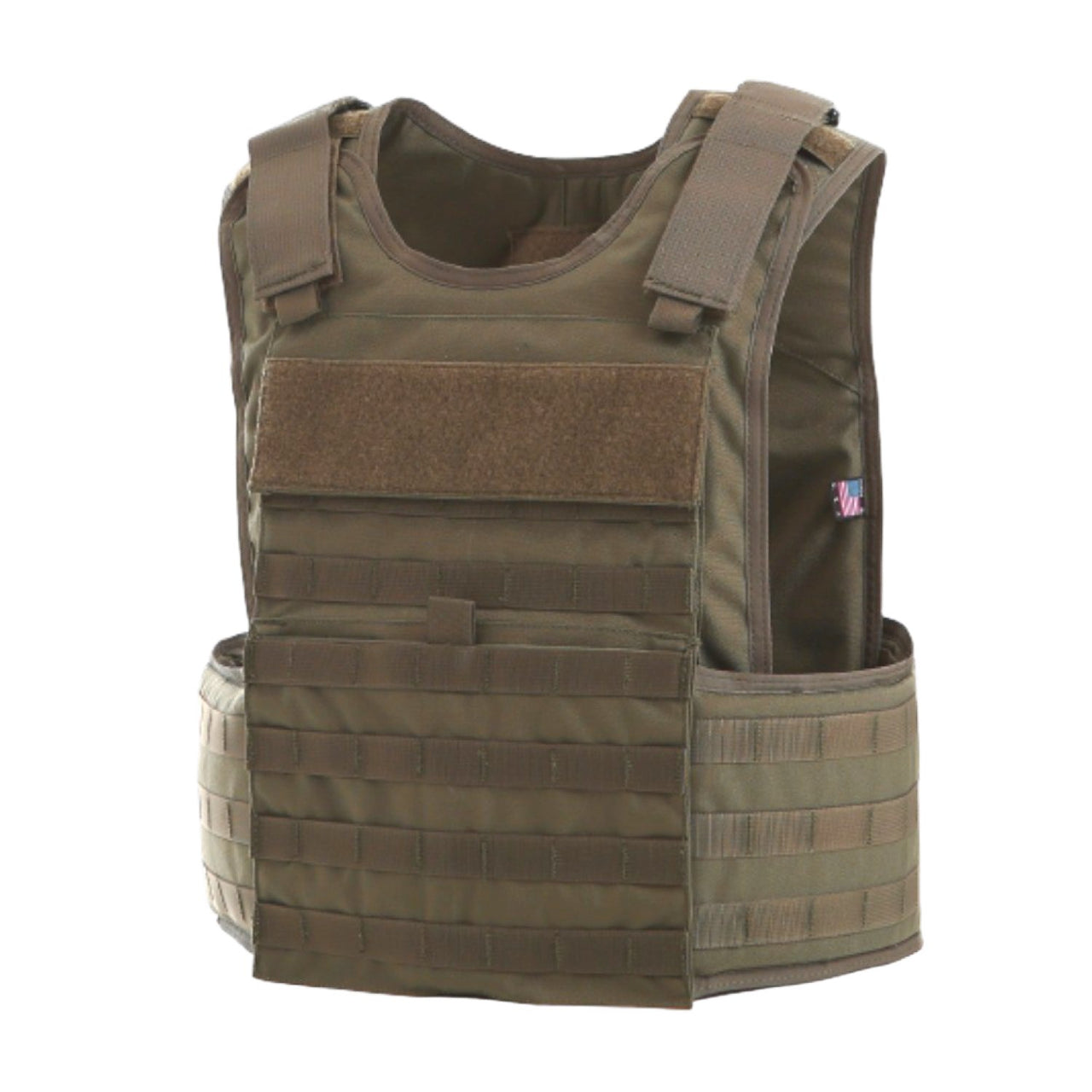 Olive green Body Armor Direct Patriot Tactical Carrier featuring multiple pouches, adjustable shoulders, and Velcro panels, isolated on a white background.