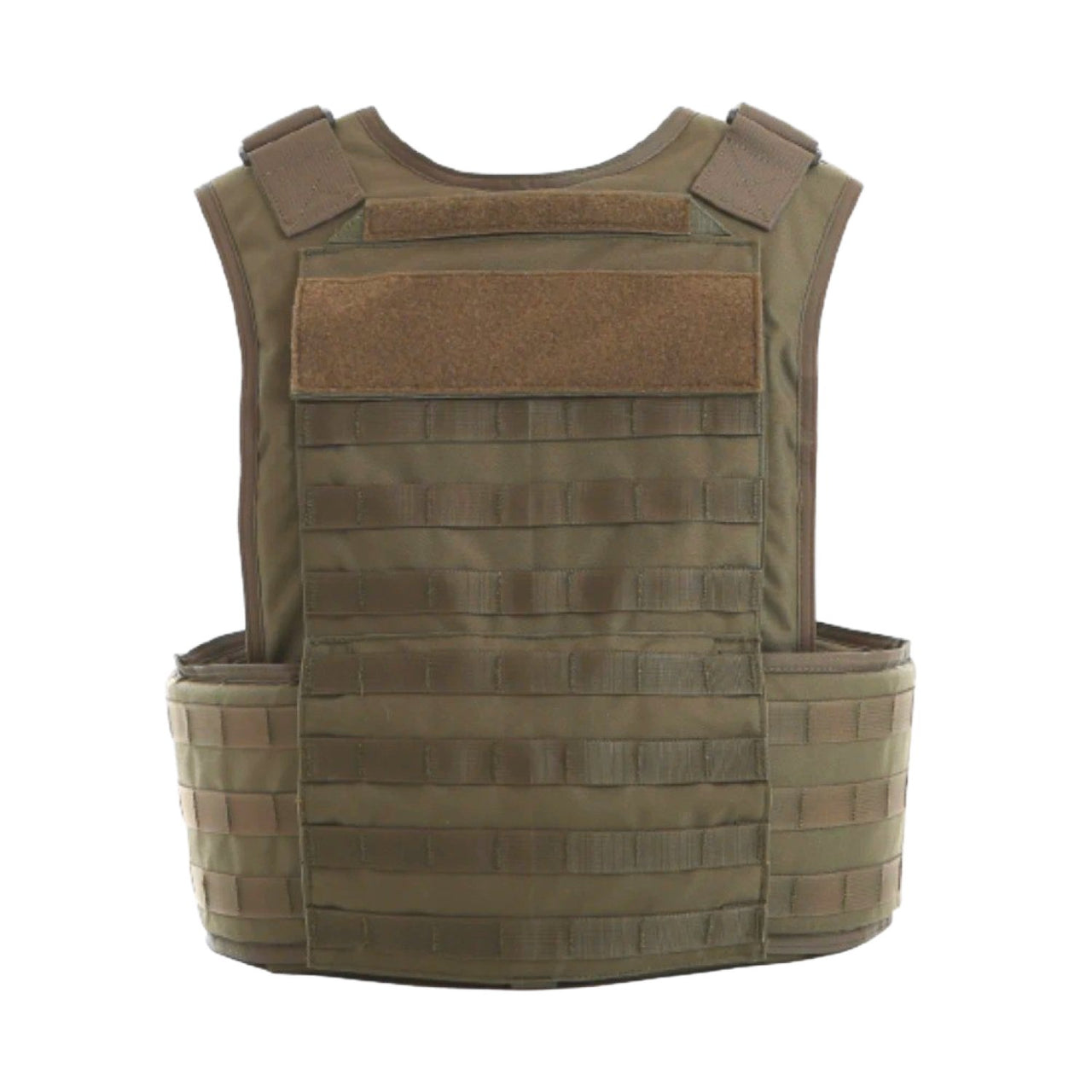 Olive green Body Armor Direct multi-threat Tactical Carrier with multiple rows of webbing and velcro patches, isolated on a white background.
