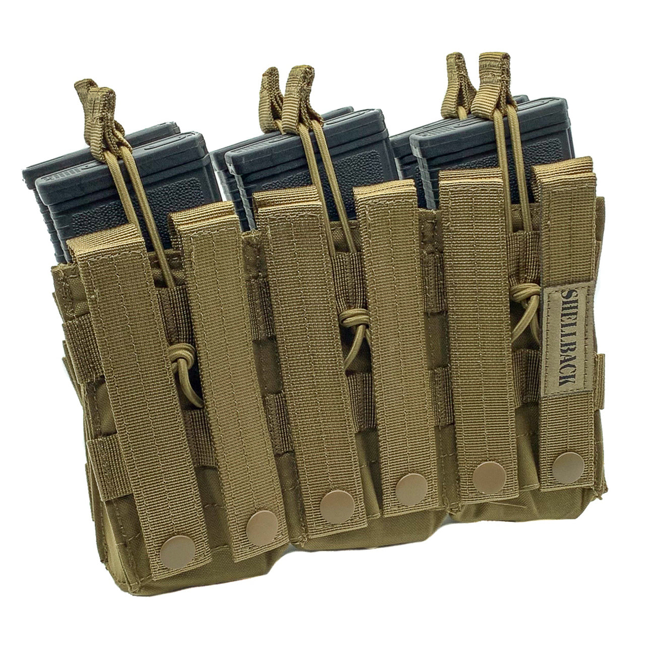 A Shellback Tactical Triple Stacker Open Top M4 Mag Pouch on a white background.