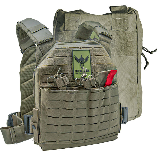 A Shellback Tactical Defender 2.0 Active Shooter Kit with two compartments and a holster.