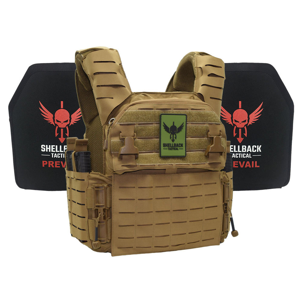 A close up of a Shellback Tactical Banshee Elite 3.0 Active Shooter Kit with Level IV 1155 Plates vest.