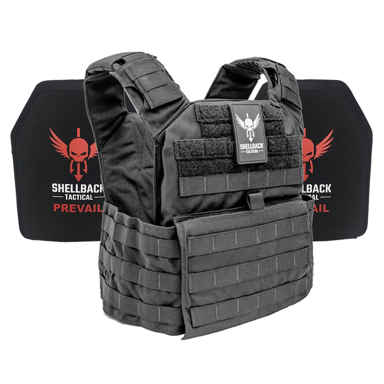 A Shellback Tactical Banshee Active Shooter Kit with Level IV Model 1155 Armor Plates vest with a red and black logo on it.
