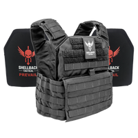 Thumbnail for A Shellback Tactical Banshee Active Shooter Kit with Level IV Model 1155 Armor Plates vest with a red and black logo on it.