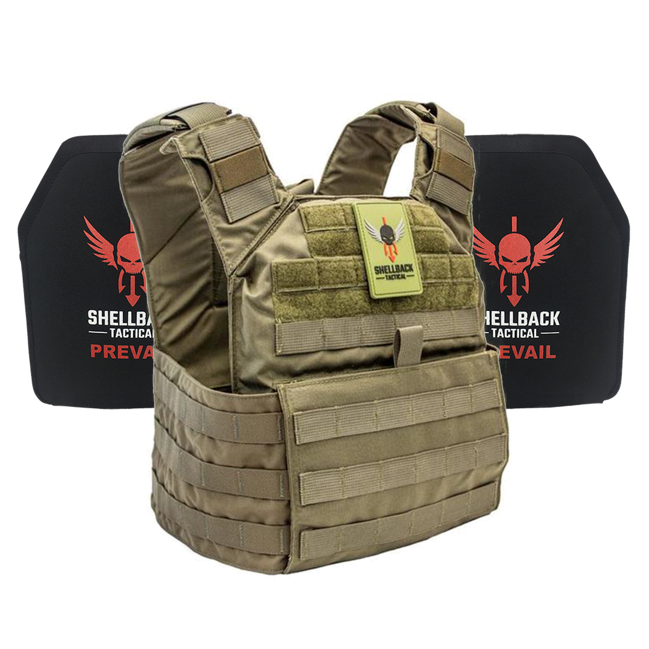 A Shellback Tactical Banshee Active Shooter Kit with Level IV Model 1155 Armor Plates plate carrier with a red and black logo.