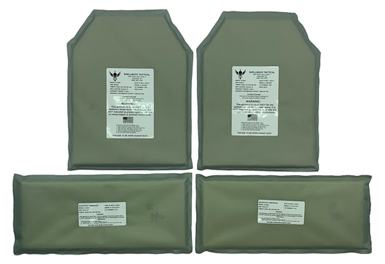 A set of four Shellback Tactical Banshee Level IIIA Model CLCIIIA Soft Armor Plate Backer - Set of 2 green padded pouches on a white background.