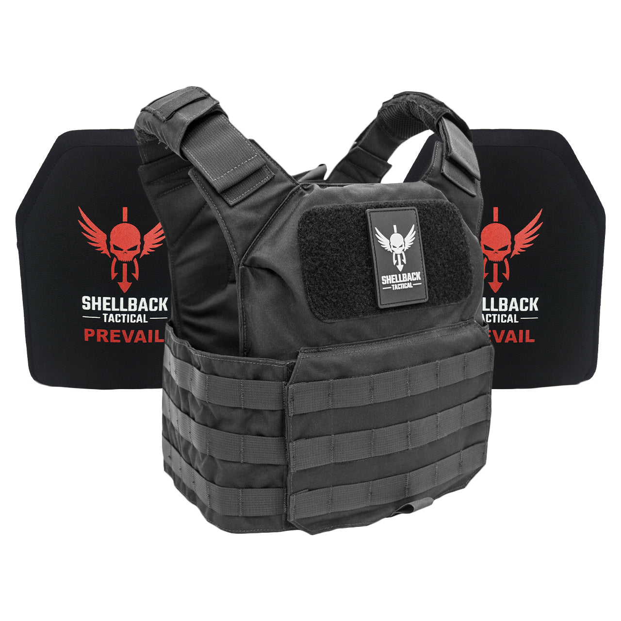 A Shellback Tactical Patriot Active Shooter Kit with Level IV Model 1155 Armor Plates Ranger Green vest with a red and black logo on it.