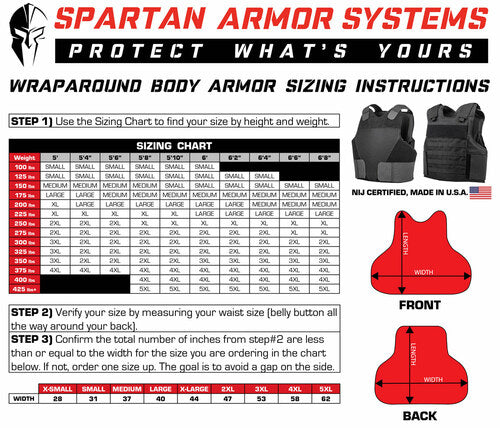 Spartan Armor Systems Tactical Level IIIA Certified Wraparound Vest sizing instructions.