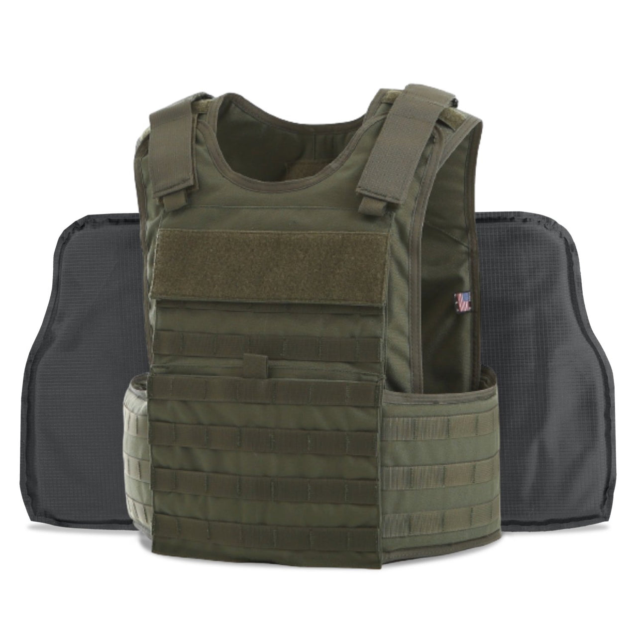 Olive green multi-threat tactical bulletproof vest displayed with front and back armor plates, featuring velcro patches and pouch attachments, NIJ Certified armor, by Body Armor Direct.