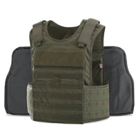 Thumbnail for Olive green multi-threat tactical bulletproof vest displayed with front and back armor plates, featuring velcro patches and pouch attachments, NIJ Certified armor, by Body Armor Direct.