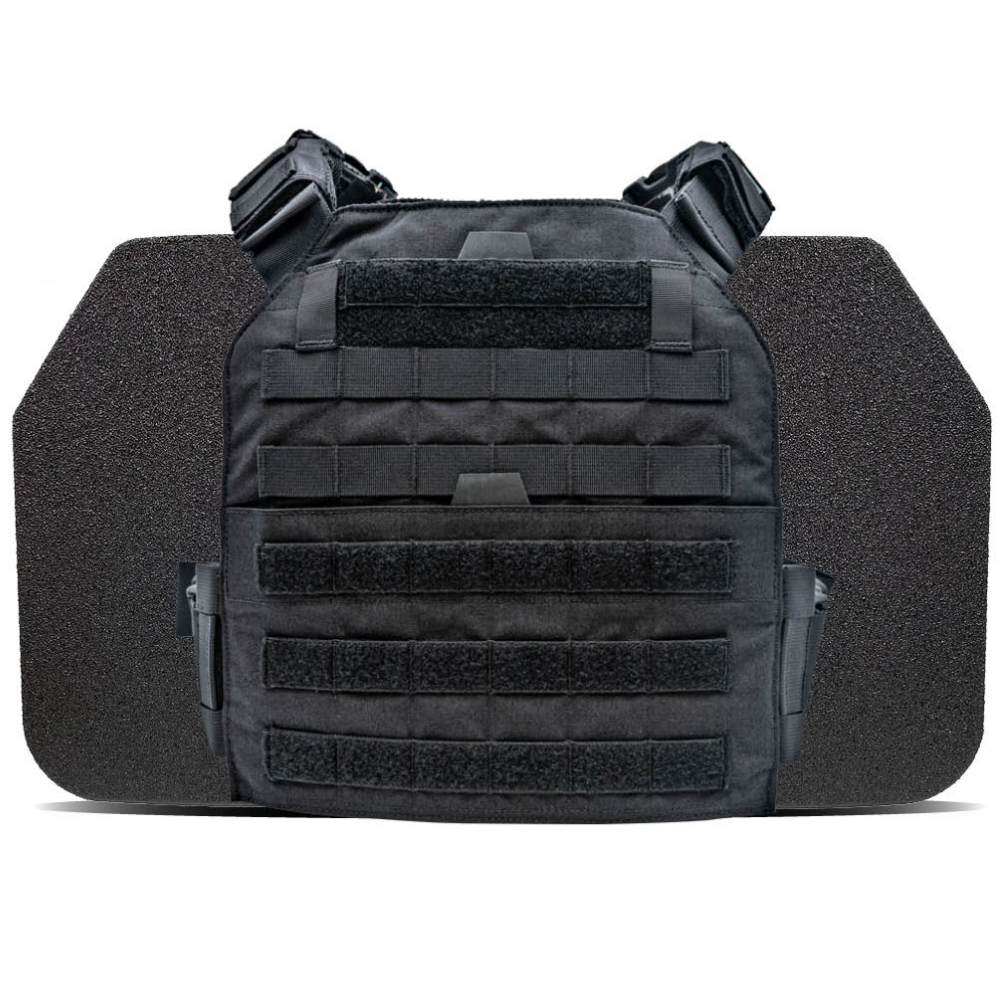 Black National Body Armor advanced body armor plate carrier with hook and loop panels, and shoulder straps, against a white background.