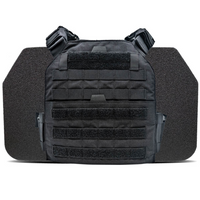 Thumbnail for Black National Body Armor advanced body armor plate carrier with hook and loop panels, and shoulder straps, against a white background.