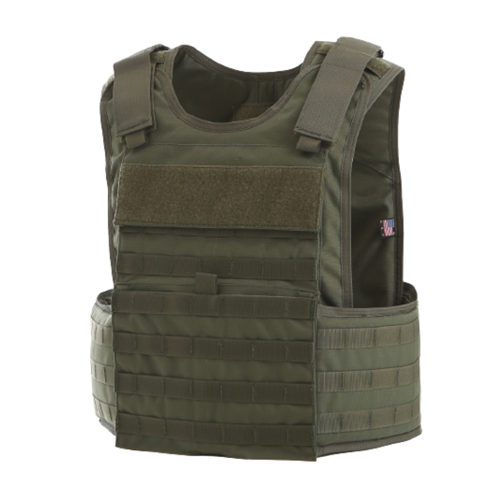Olive green Body Armor Direct multi-threat Tactical Carrier with multiple pouches and velcro panels, displayed against a white background.