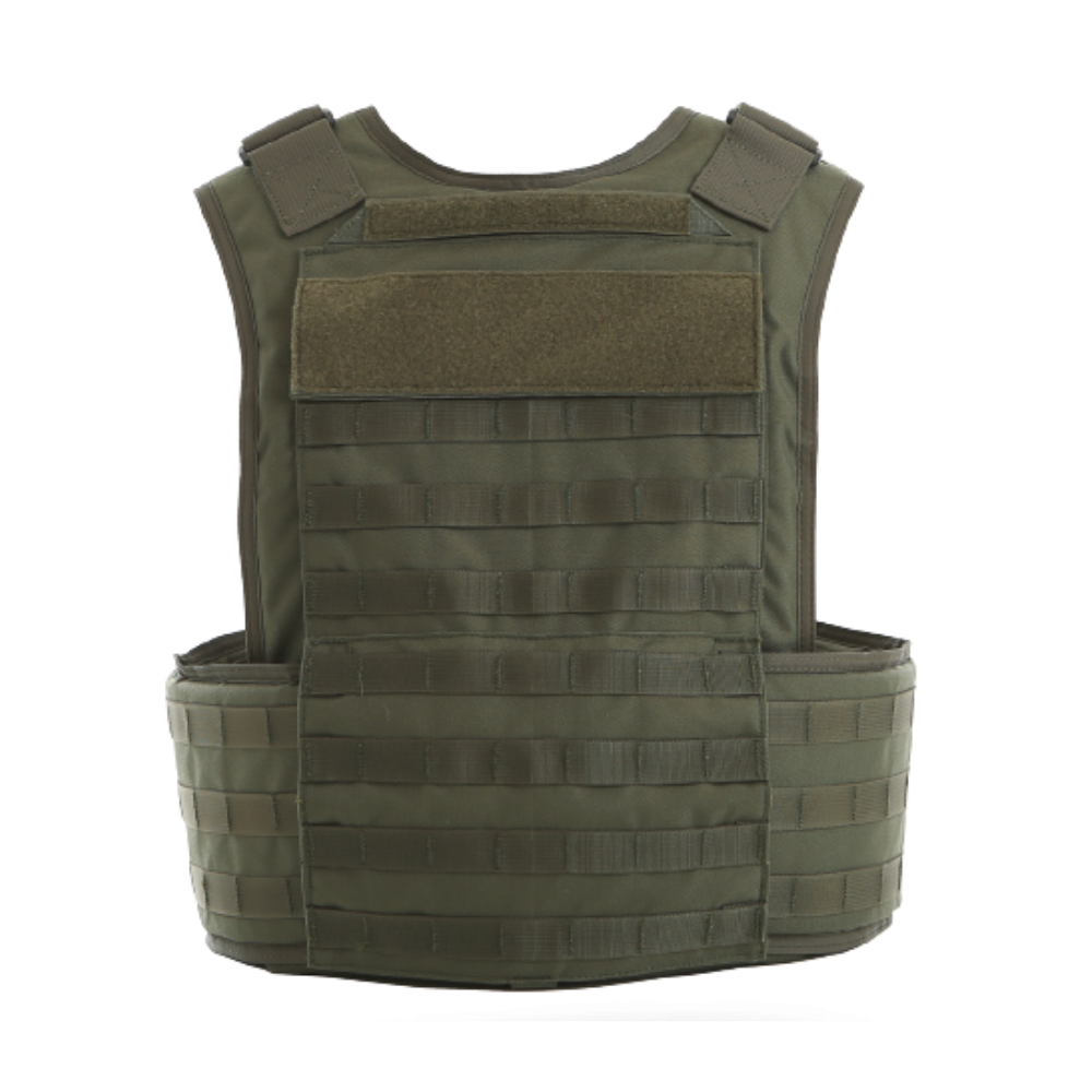 Olive green Body Armor Direct multi-threat Tactical Carrier vest with numerous pouch attachments and velcro panels, isolated on a white background.