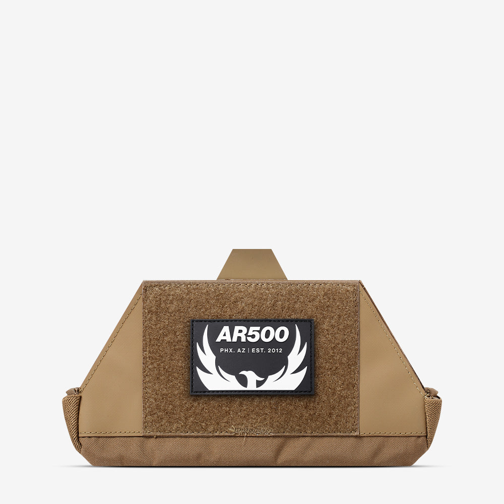 A tan AR500 Armor Admin Pouch with the word arbo on it.