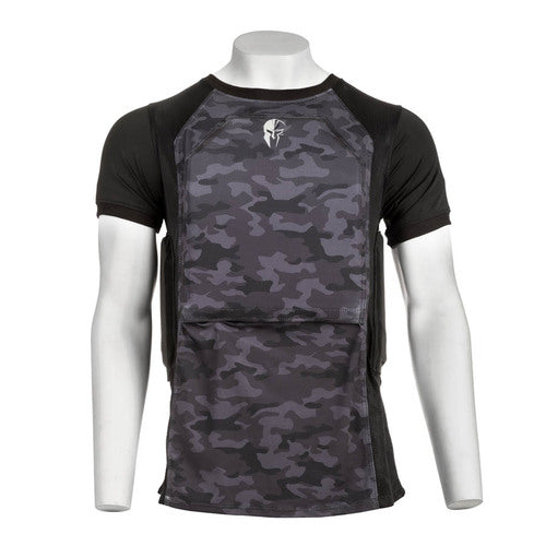 A mannequin wearing a Spartan Armor Systems Ghost Concealment Shirt With Flex Fused Core Level IIIA Soft Armor Panels.