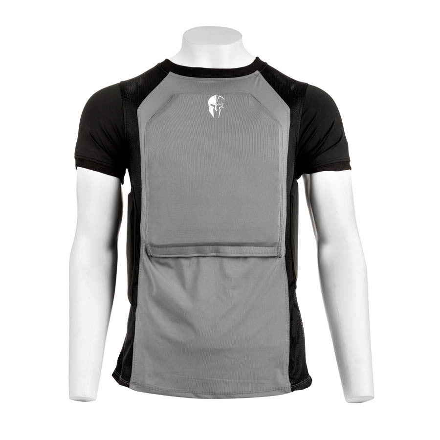A Spartan Armor Systems Ghost Concealment Shirt With Flex Fused Core Level IIIA Soft Armor Panels wearing a grey and black vest.