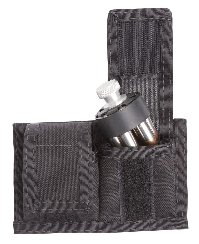A black Elite Survival Systems Single/Double Speedloader pouch with a flap open, revealing a compact metal and plastic flashlight inside.