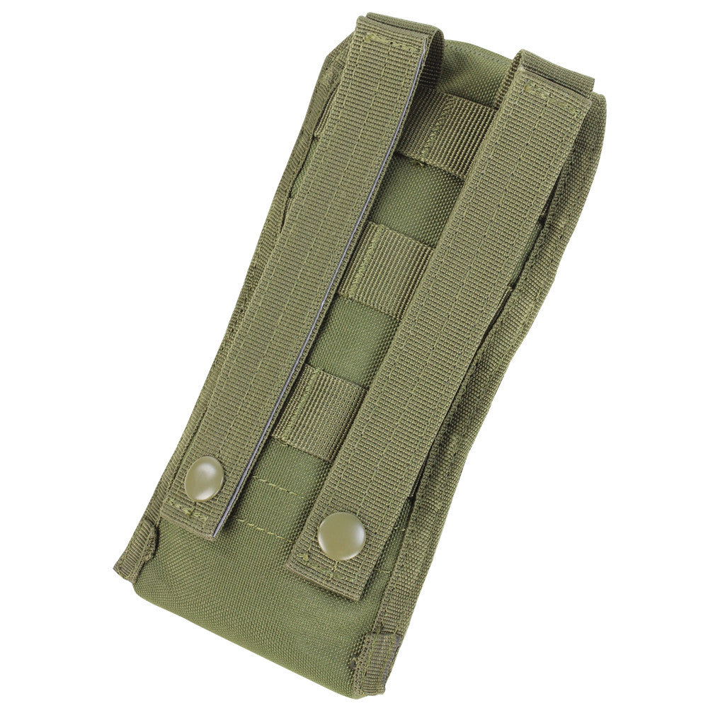 Spartan Armor Systems Olive green Condor Radio Pouch with snap buttons and strapping, designed for modular attachment to gear using MOLLE compatibility.