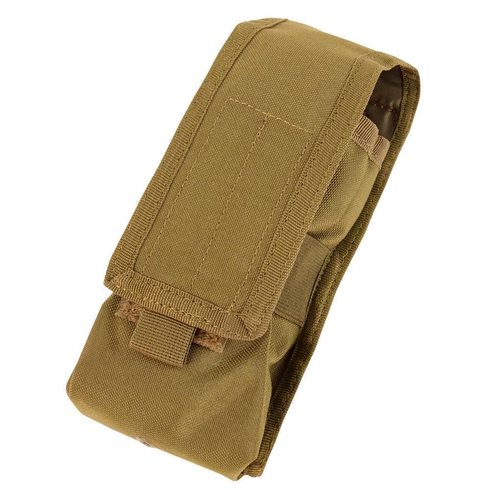 Olive green Spartan Armor Systems Condor Radio Pouch with a flap cover and Velcro closure, designed for carrying equipment, MOLLE compatible, isolated on a white background.