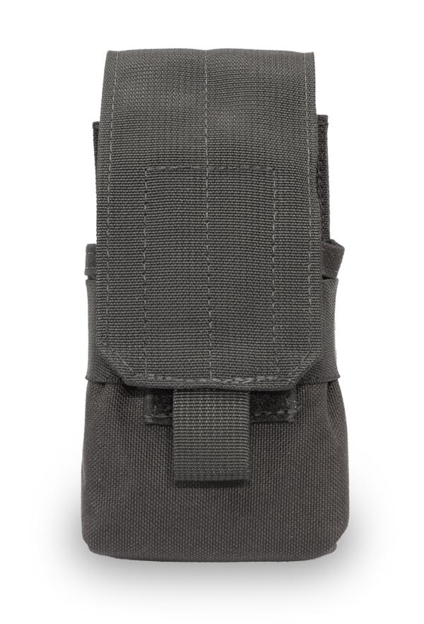 A gray Elite Survival Systems CORDURA 500D nylon Belt Mag Holder tactical pouch with a vertical strap and buckle closure, isolated on a white background.