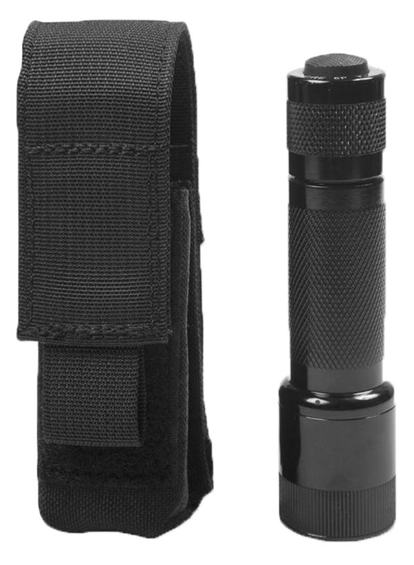 Black tactical flashlight with textured grip next to its Elite Survival Systems Flashlight Pouches w/Velcro on a white background.