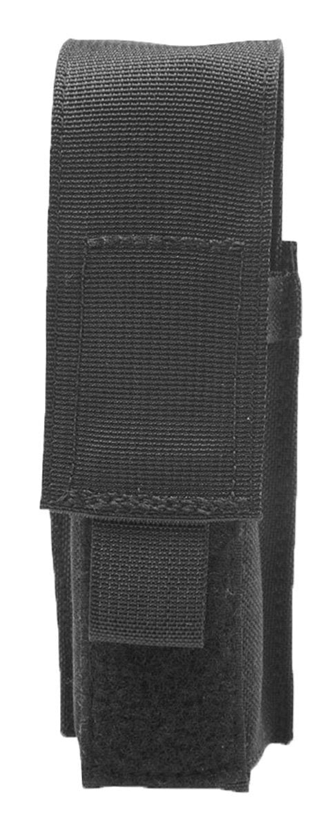 Vertical black fabric holster with a velcro flap closure, designed to hold a small device or tool, compatible with Elite Survival Systems MOLLE gear.