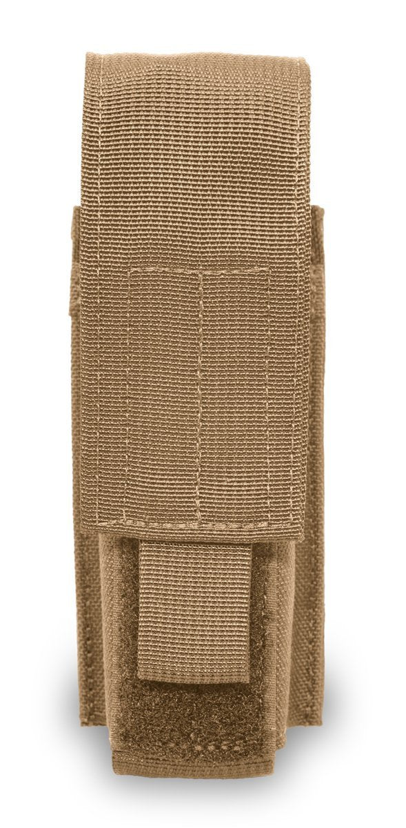 A tan Elite Survival Systems MOLLE Mace MK-IV Pouch with a velcro flap closure, isolated on a white background.