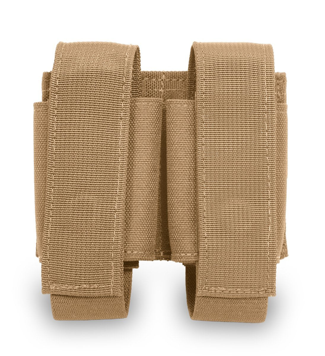 A beige tactical belt with multiple compartments, including an Elite Survival Systems Molle Grenade Pouches 40mm and adjustable straps, isolated on a white background.
