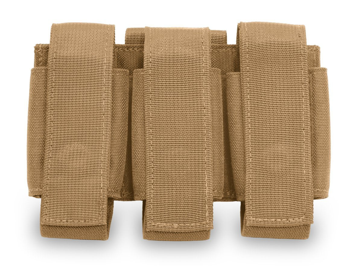 A brown tactical belt with multiple Elite Survival Systems Molle Grenade Pouches 40mm arranged neatly, isolated on a white background.