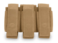 Thumbnail for A brown tactical belt with multiple Elite Survival Systems Molle Grenade Pouches 40mm arranged neatly, isolated on a white background.