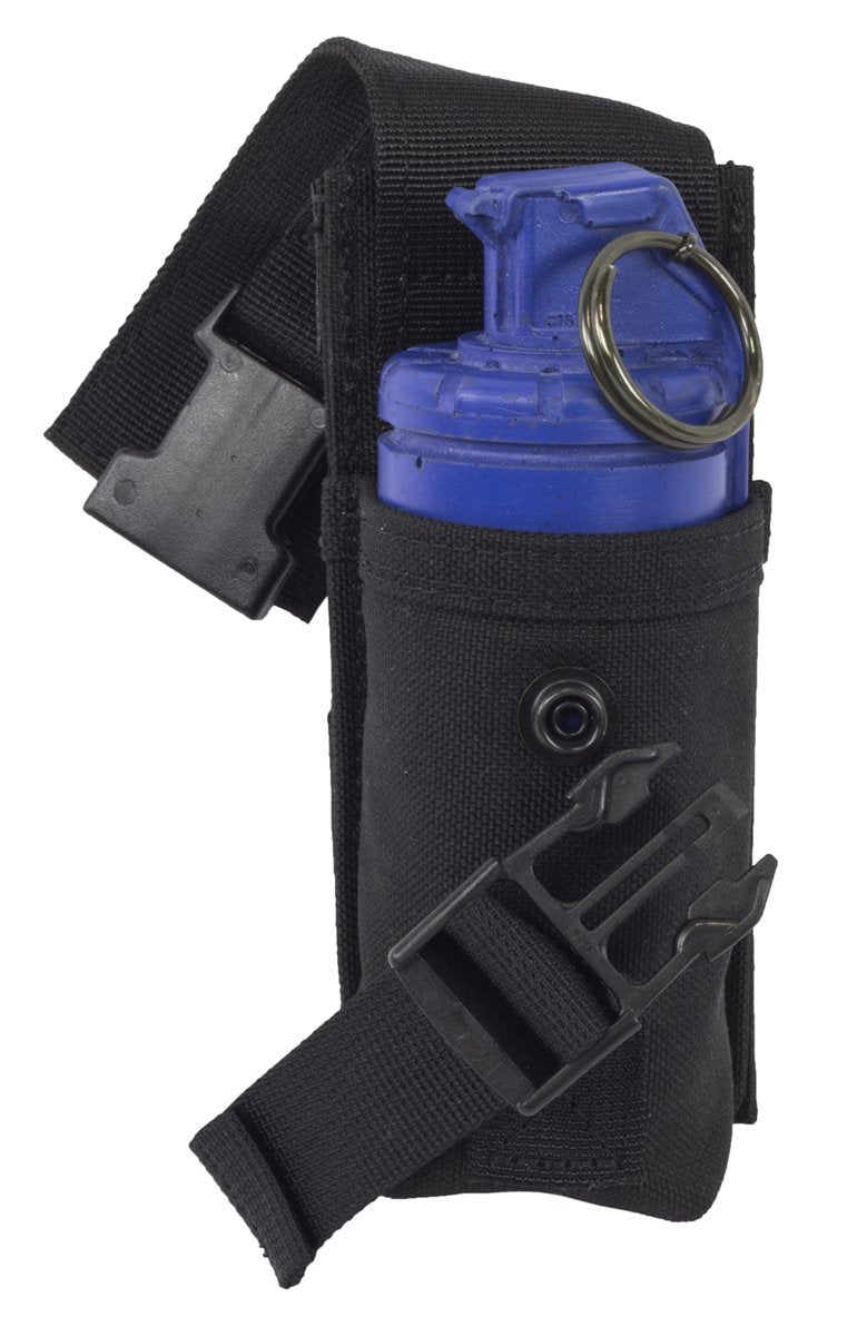 A blue Elite Survival Systems Smoke Grenade/Distraction Device Pouch secured in a black tactical MOLLE gear holster with a clip and a snap-button closure, isolated on a white background.