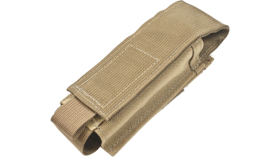 A tan Elite Survival Systems MOLLE Mace MK-IV Pouches with a Velcro flap closure and MOLLE gear webbing on a white background.