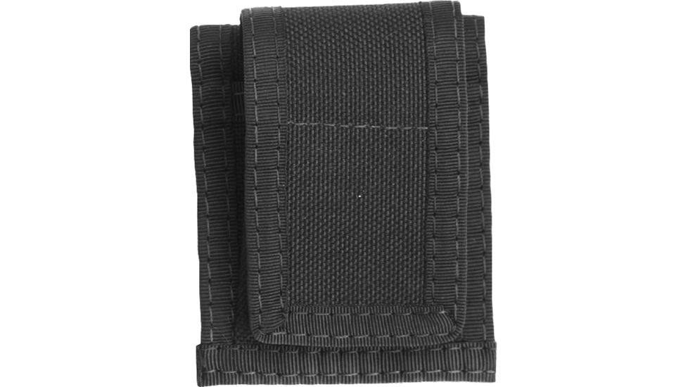 Black elastic cargo net isolated on a white background with an Elite Survival Systems Single/Double Speedloader Pouch.