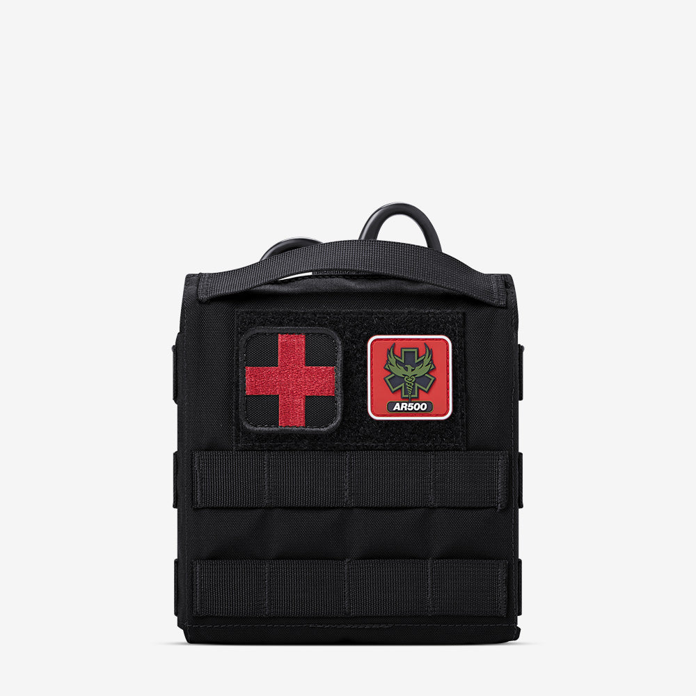 A black AR500 Armor bag with a red cross on it.