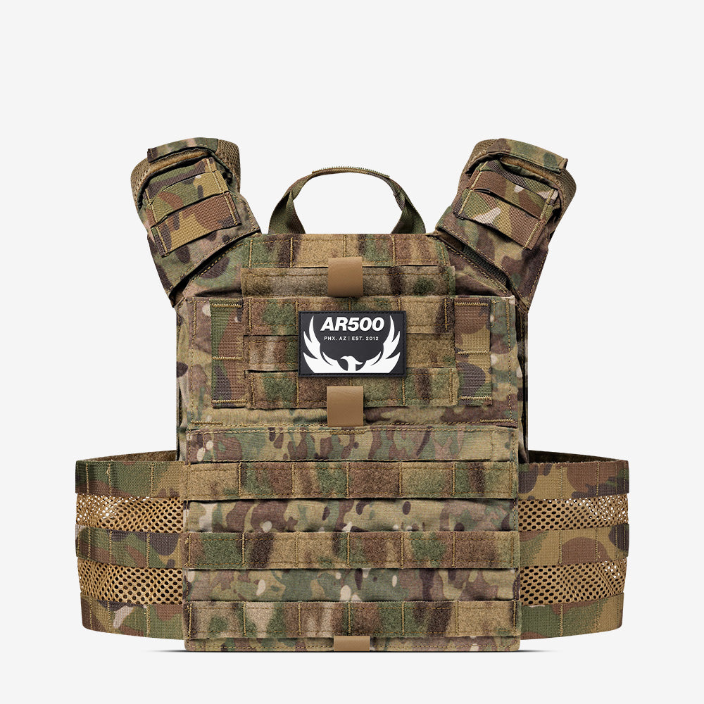 An AR500 Armor Valkyrie™ Plate Carrier with a camouflage pattern on it.