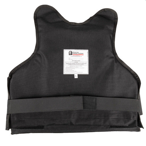 A Spartan Armor Systems Tactical Level IIIA Certified Wraparound Vest with a white label on it.