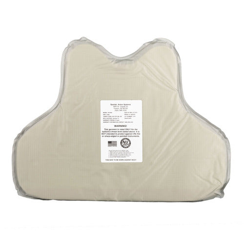 A beige Spartan Armor Systems Tactical Level IIIA Certified Wraparound Vest with a label on it.