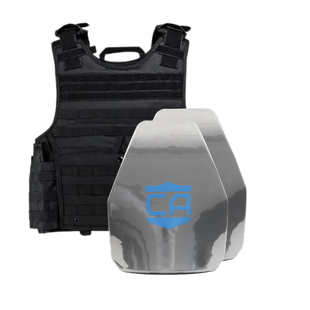 The Caliber Armor AR550 III+ VISM Expert 8x10 Body Armor Package by Caliber Armor is shown with a black plate carrier behind two silver armor plates featuring a blue "CA" logo, all set against a white background.
