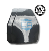 Thumbnail for The Caliber Armor AR550 III+ Multi-Curve Body Armor Plate Set of Two features blue shield logos and is displayed beside a circular NIJ listed certification badge on a white background.