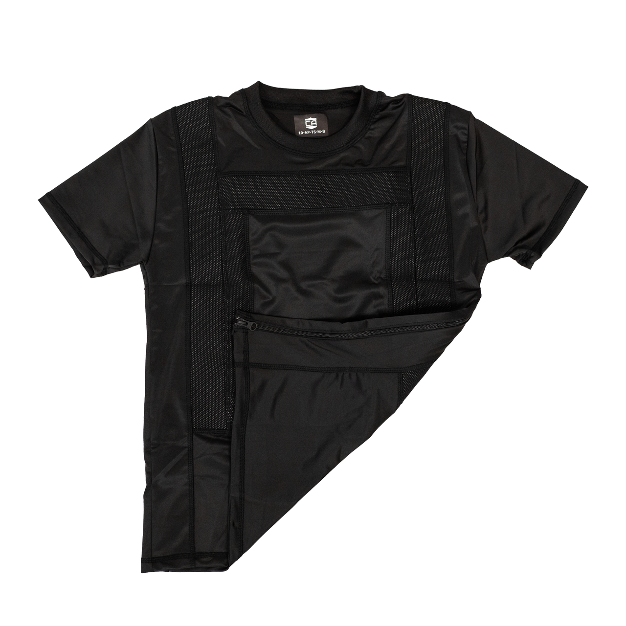 Black compression concealable body armor t-shirt on a white background