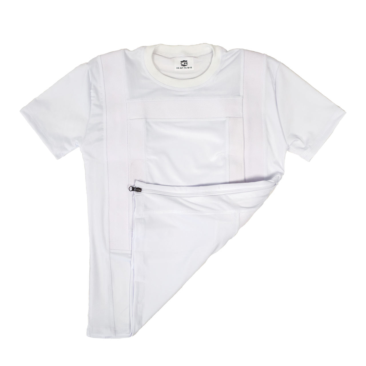 White concealable armor tshirt with a zipper on a white background