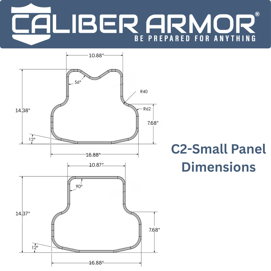 Diagram showing CaliberX IIIA Wrap Around Soft Body Armor Panel dimensions by Caliber Armor, with labeled inch measurements and curvature details. Features NIJ Level IIIA lightweight armor for advanced ballistic protection.