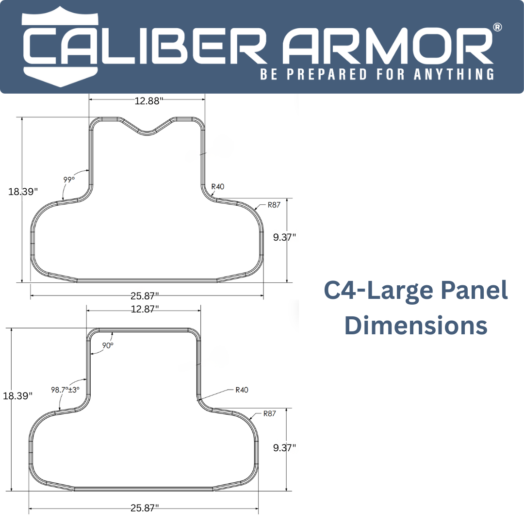 Technical diagram of CaliberX IIIA Wrap Around Soft Body Armor Panels by Caliber Armor shows front and back dimensions, labeled radii, and detailed measurements, emphasizing lightweight NIJ Level IIIA ballistic protection.