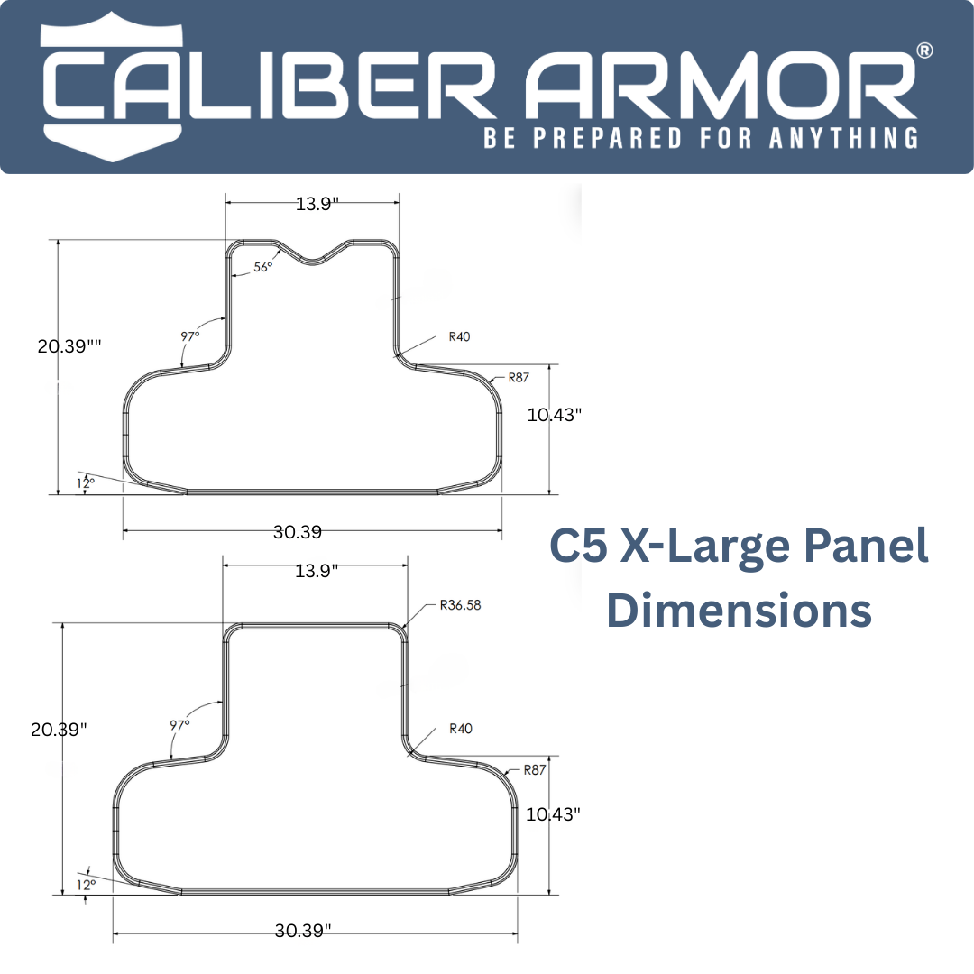 Technical diagram showing front and back views with detailed measurements of the Caliber Armor CaliberX IIIA Wrap Around Soft Body Armor Panels, including overall width and height, offering lightweight NIJ Level IIIA ballistic protection.